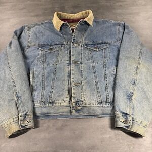 Vintage 90s Gap Denim Trucker Jacket Mens XL Blue Flannel Lined Corduroy Collar